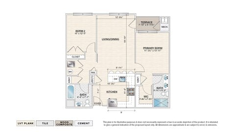 Floor plan for 2 beds, 2 baths, 1080 sqft